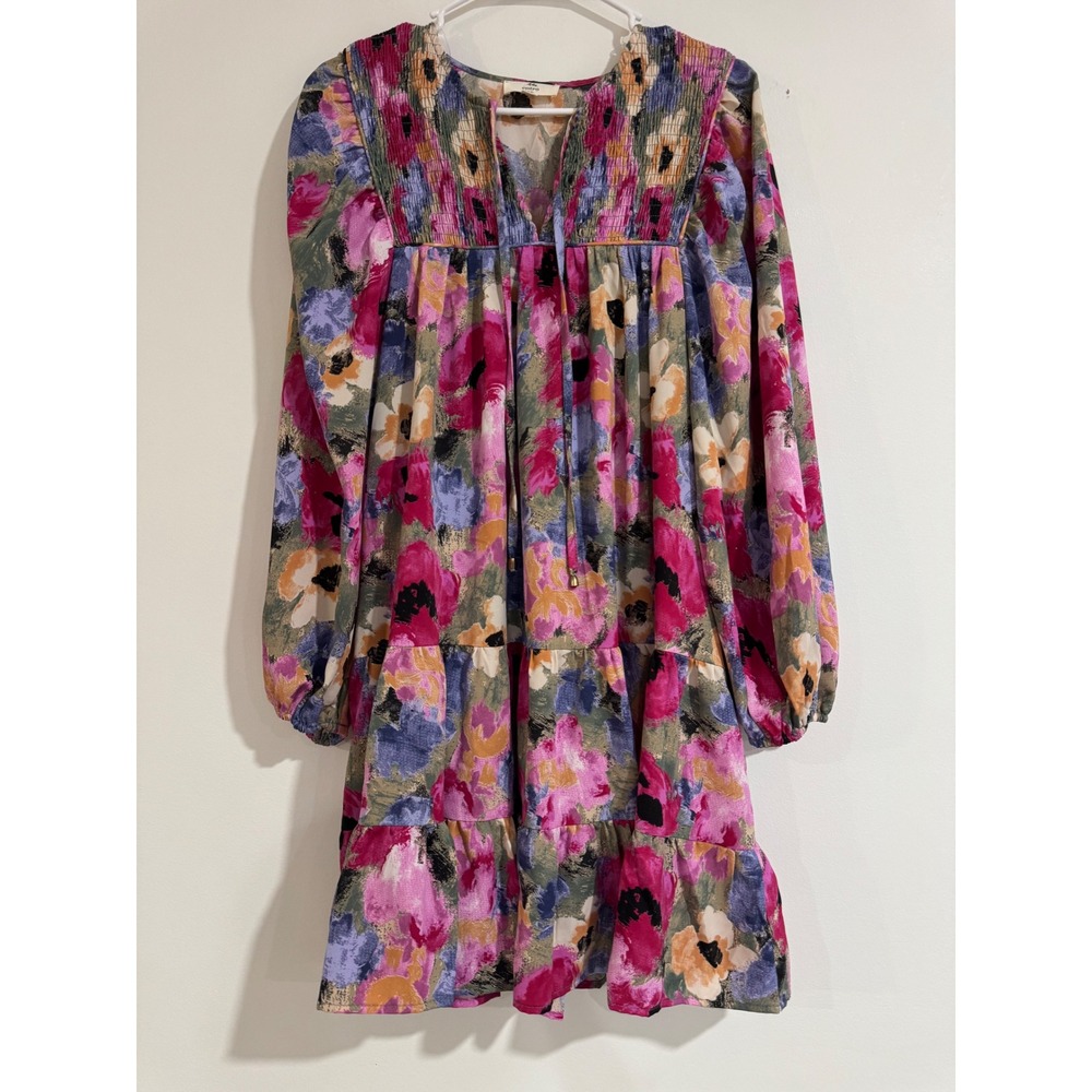 Entro Floral Smocked Tiered Babydoll Dress Womens Medium Pink Multi Long Sleeve